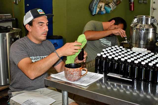 Photo shows man bottling hand sanitizer
