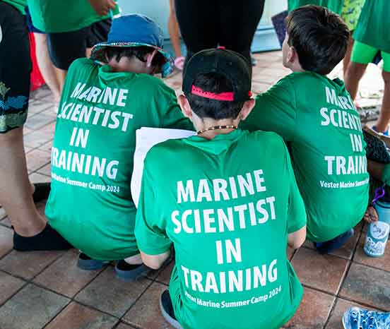 Three middle school boys are back-to the camera wearing green t-shirts with the words Marine Scientist in Training.